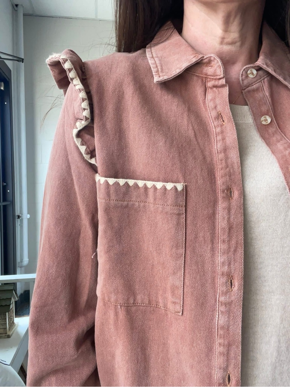 In February Everyday Utility Mineral-Washed Ruffle Cotton Twill Shacket NWT